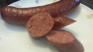Sliced up Bratwurst sausages
