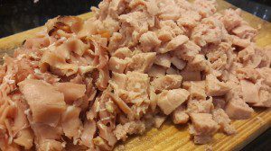 Chopped bacon and sausages