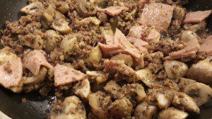 Garlic, minced beef, mushrooms and salami